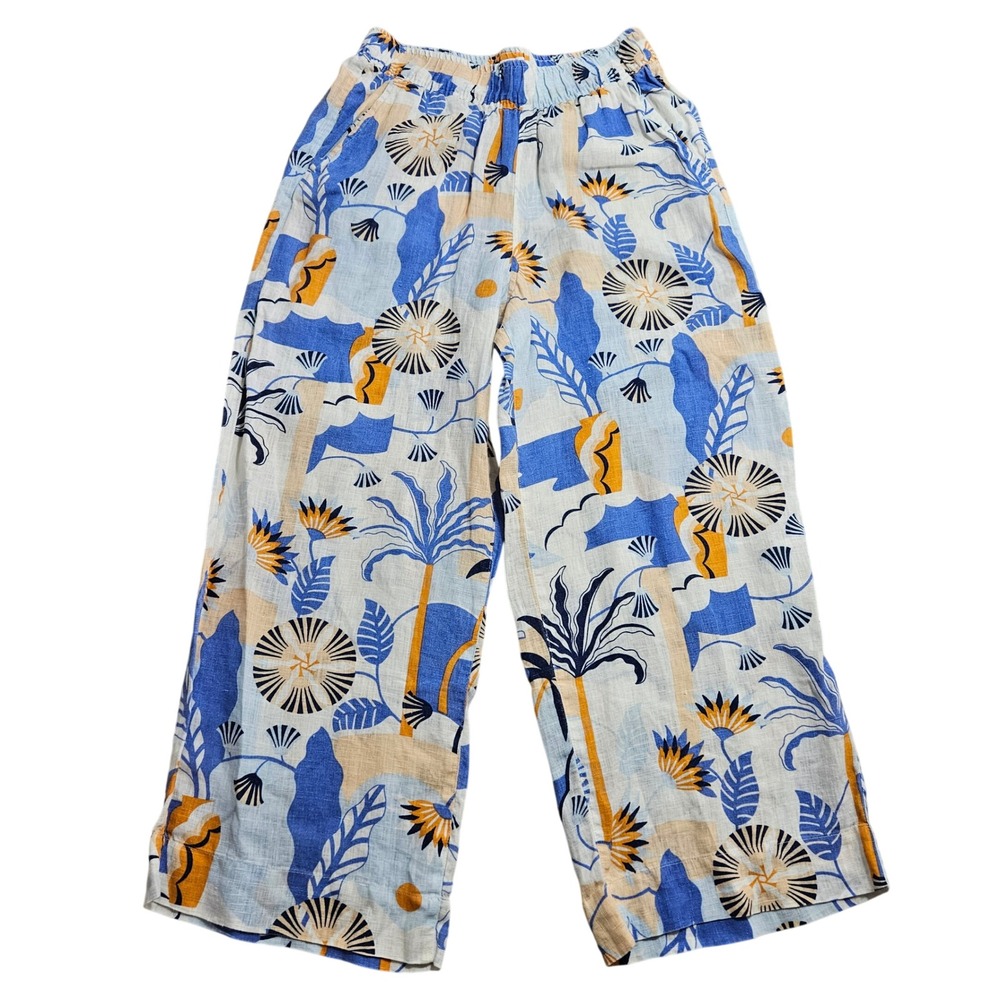 Nicole Miller New York Linen Pants M Blue Tropical Wide Leg Botanical